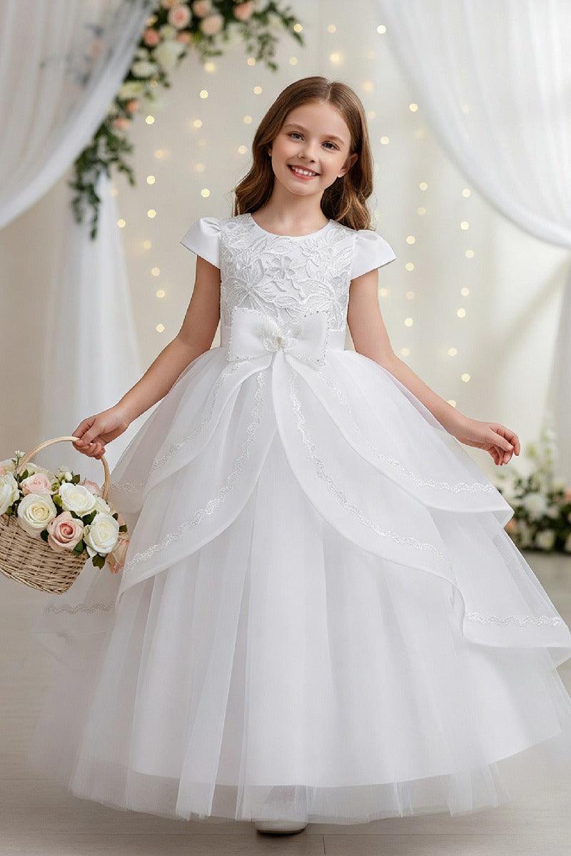 A-Line Round Neck Cap Sleeve Floor Length Ruffled Tulle Flower Girl Dresses 1028258095884 - 7 Days / White / 110cm - COCOMELODY